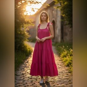 GAP Bright Pink Sleeveless Tie Neck Tiered Maxi Dress | Sizzling Fucshia Size XL